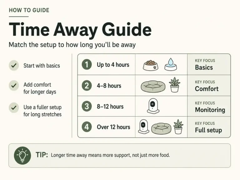 Infographic matching pet home setup to how long the owner will be away.